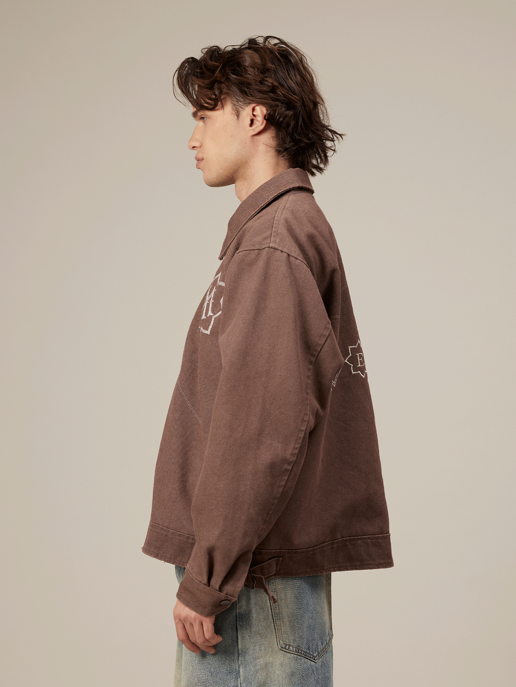 BROWN ZIP-UP JACKET WITH WASHED CANVAS OVERSIZED FIT
