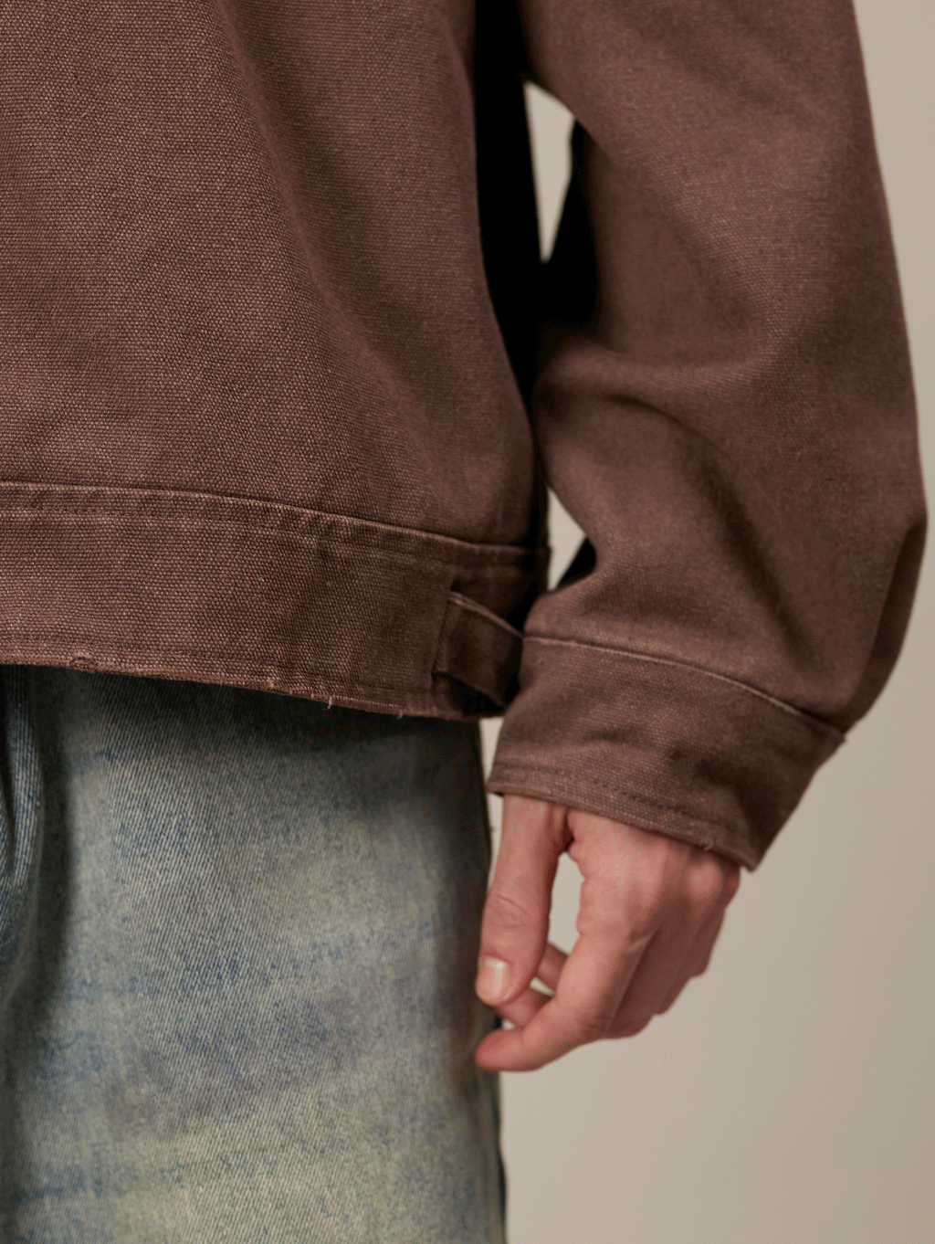 BROWN ZIP-UP JACKET WITH WASHED CANVAS OVERSIZED FIT