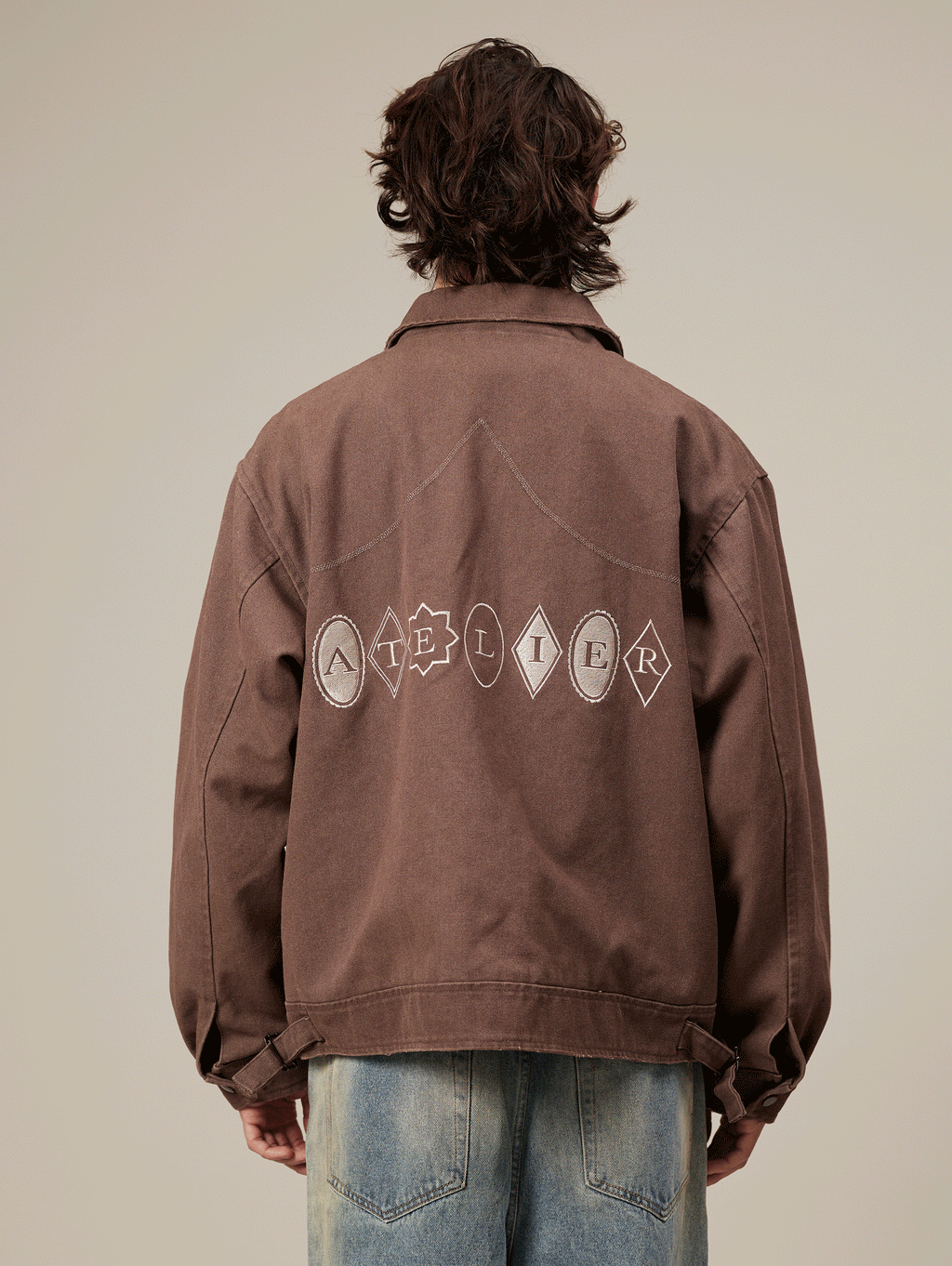 BROWN ZIP-UP JACKET WITH WASHED CANVAS OVERSIZED FIT