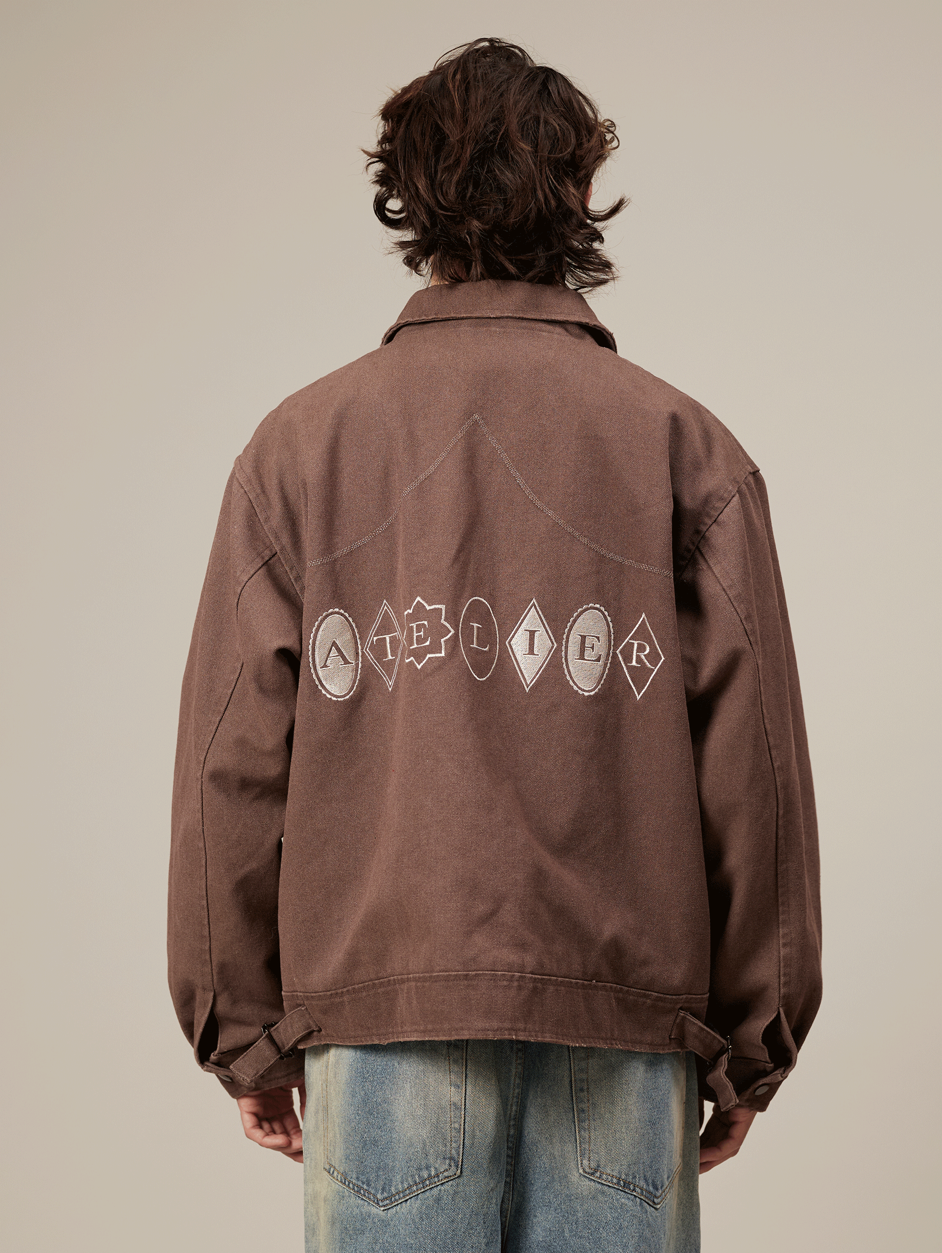 BROWN ZIP-UP JACKET WITH WASHED CANVAS OVERSIZED FIT