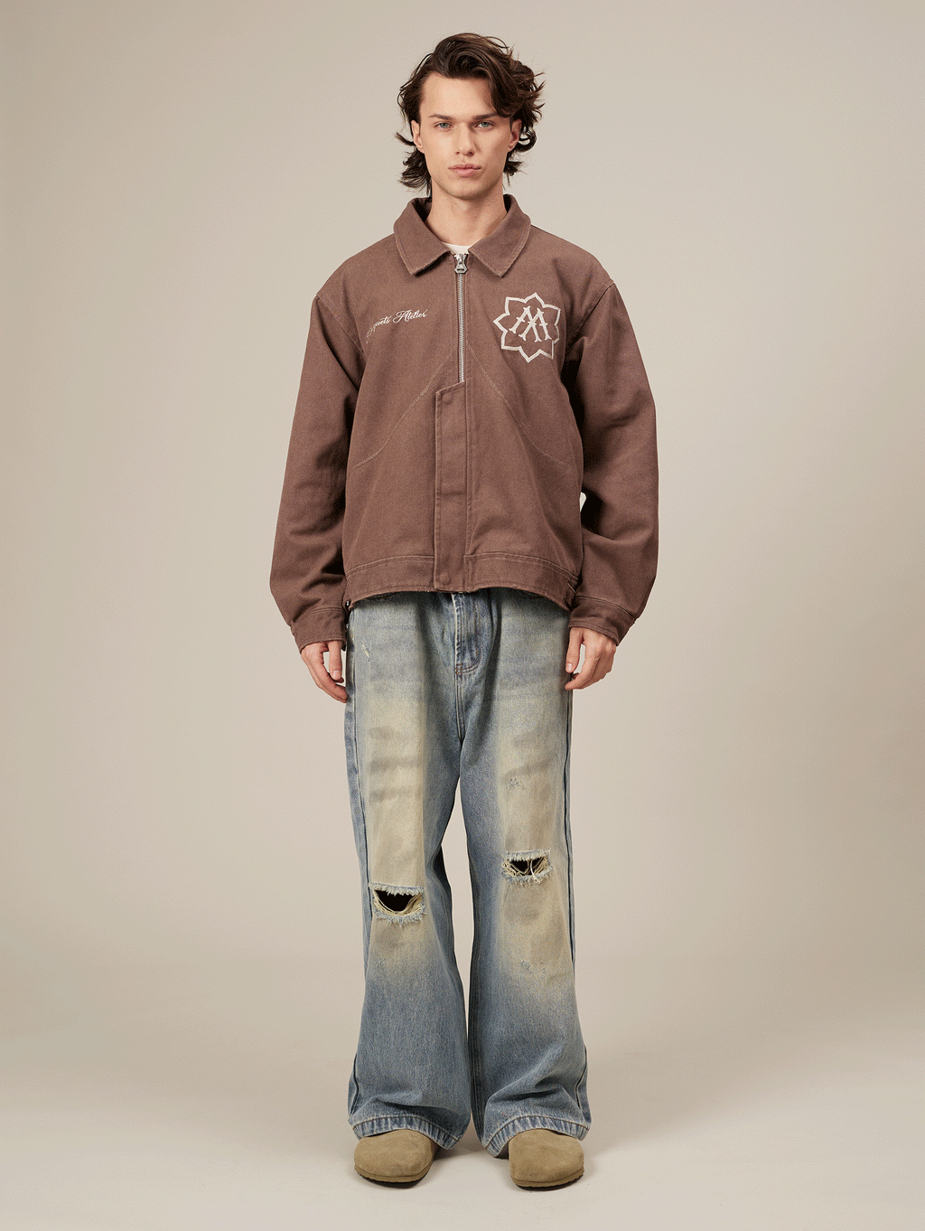 BROWN ZIP-UP JACKET WITH WASHED CANVAS OVERSIZED FIT
