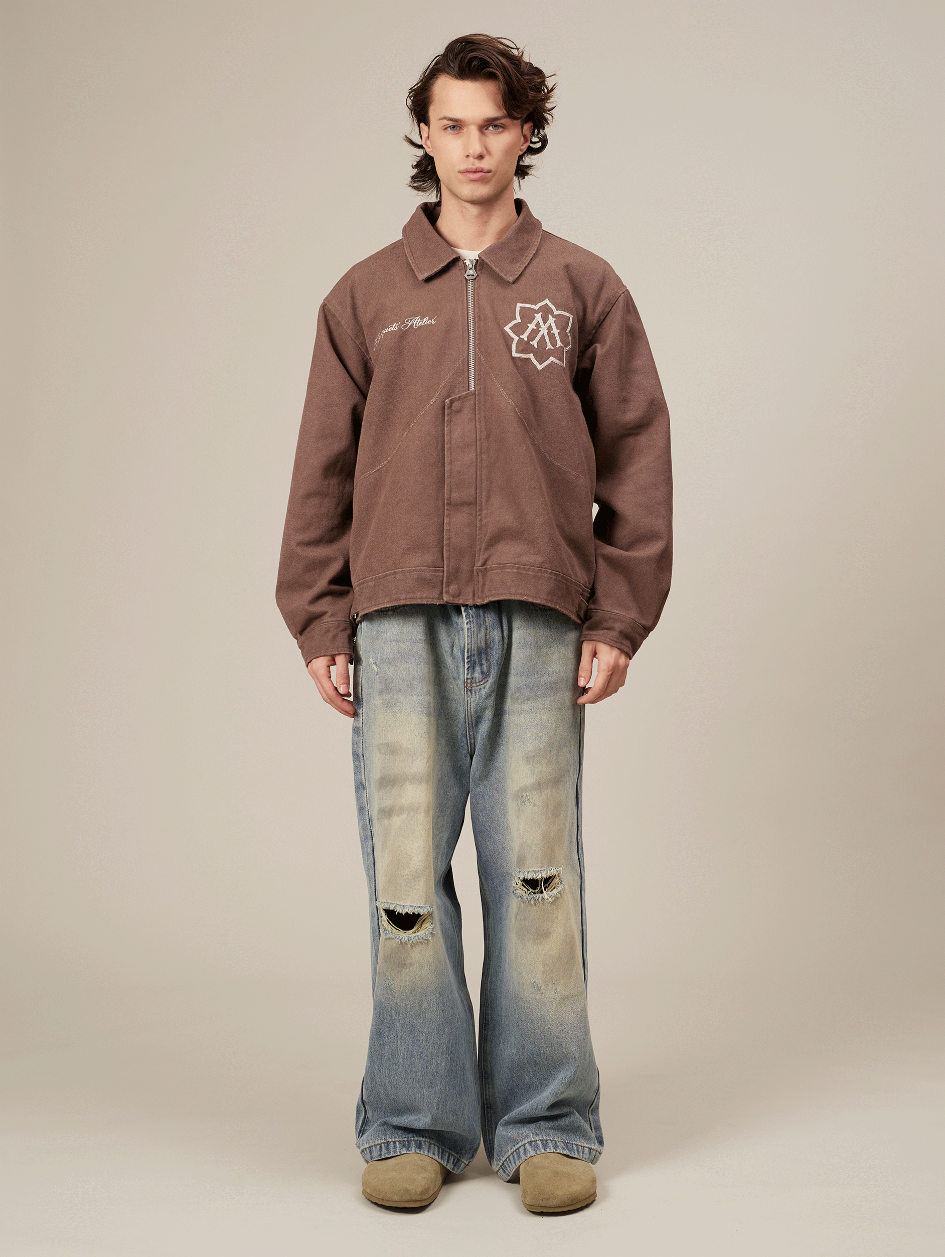 BROWN ZIP-UP JACKET WITH WASHED CANVAS OVERSIZED FIT