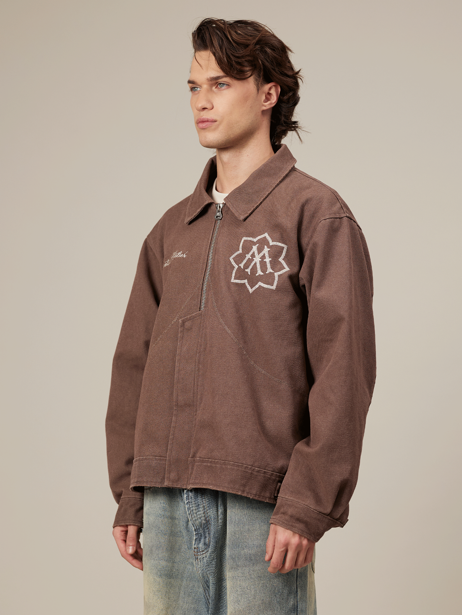 BROWN ZIP-UP JACKET WITH WASHED CANVAS OVERSIZED FIT