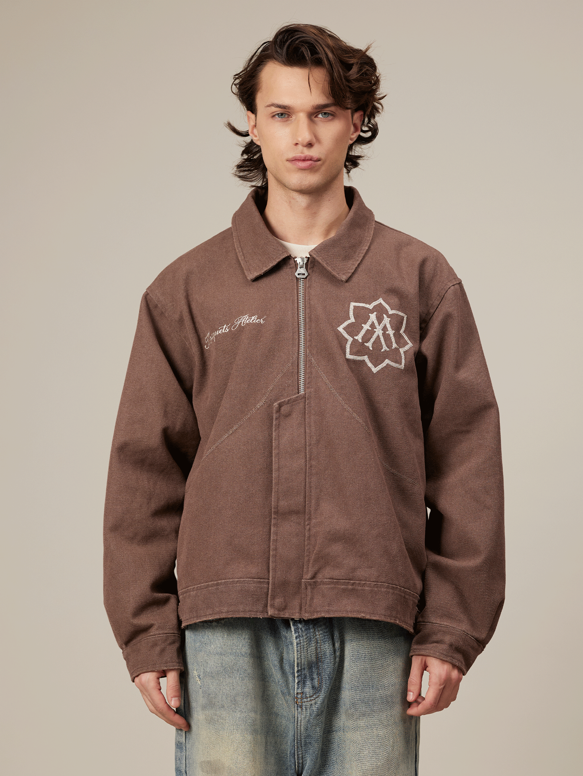BROWN ZIP-UP JACKET WITH WASHED CANVAS OVERSIZED FIT