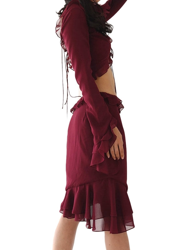BURGUNDY RUFFLED CROP TOP AND HIGH-WAISTED SKIRT SET WITH FLATTERING SILHOUETTE
