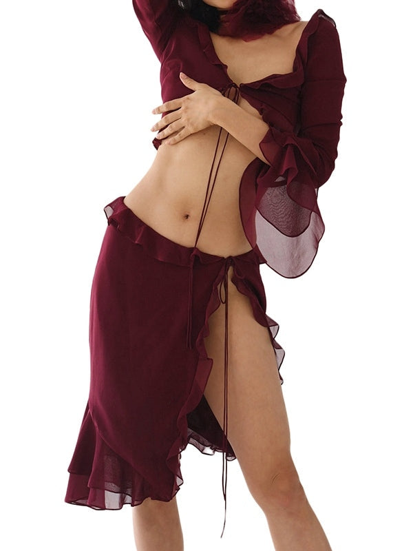 BURGUNDY RUFFLED CROP TOP AND HIGH-WAISTED SKIRT SET WITH FLATTERING SILHOUETTE