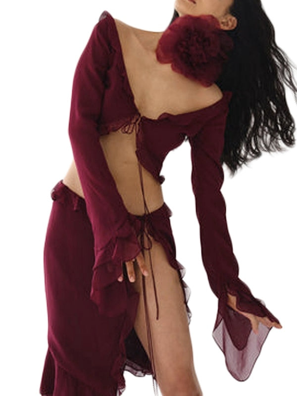 BURGUNDY RUFFLED CROP TOP AND HIGH-WAISTED SKIRT SET WITH FLATTERING SILHOUETTE