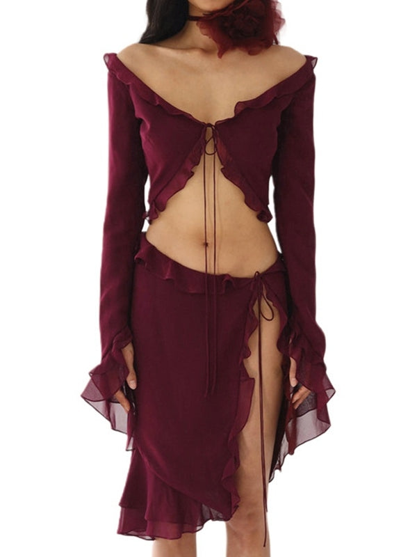 BURGUNDY RUFFLED CROP TOP AND HIGH-WAISTED SKIRT SET WITH FLATTERING SILHOUETTE