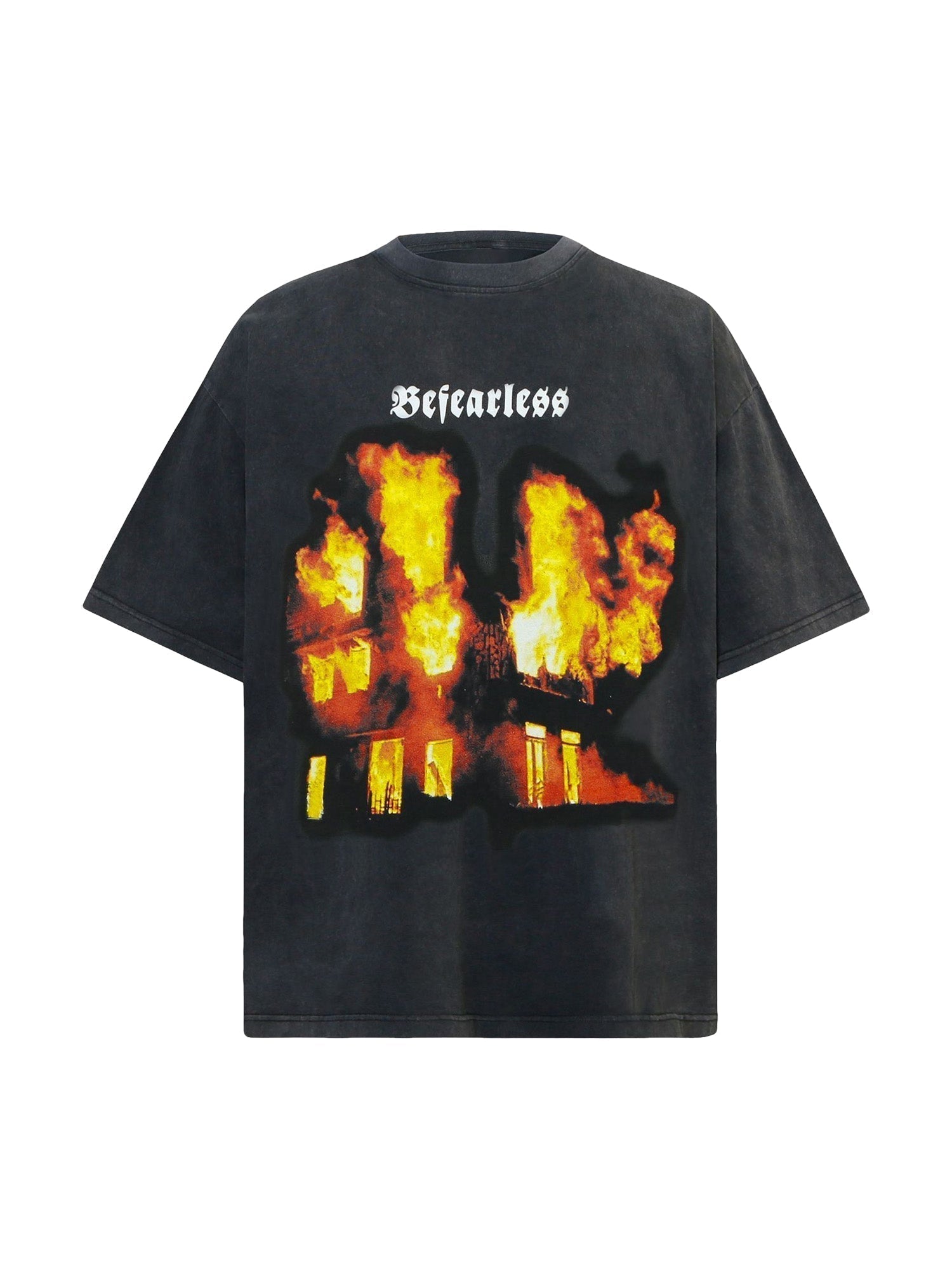 BURNING BUILDING GRAPHIC SHORT SLEEVE T-SHIRT WITH ROUND COLLAR