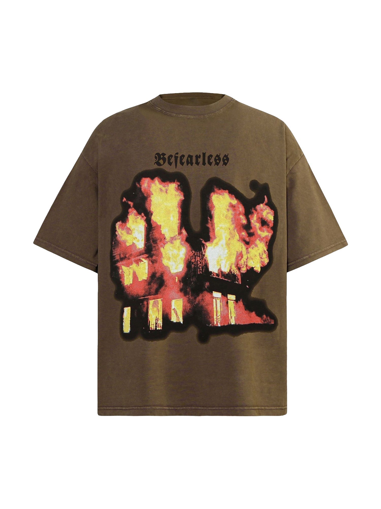 BURNING BUILDING GRAPHIC SHORT SLEEVE T-SHIRT WITH ROUND COLLAR
