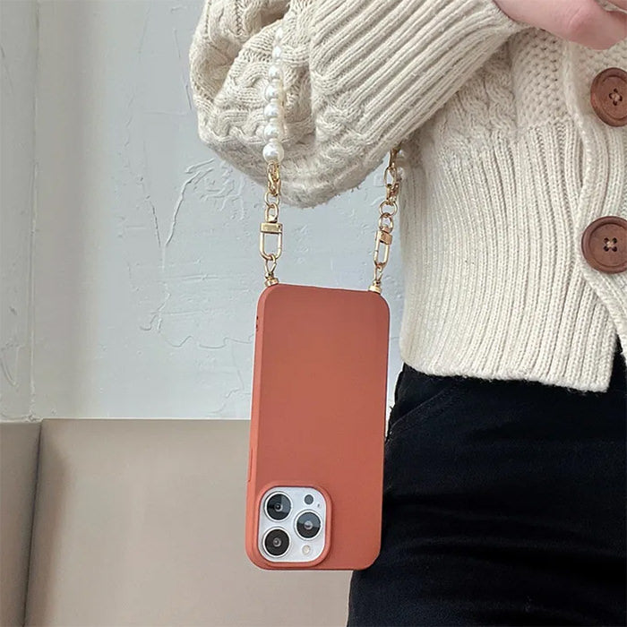 BURNT ORANGE PHONE CASE WITH AESTHETIC PEARL CHAIN FOR FALL AESTHETIC
