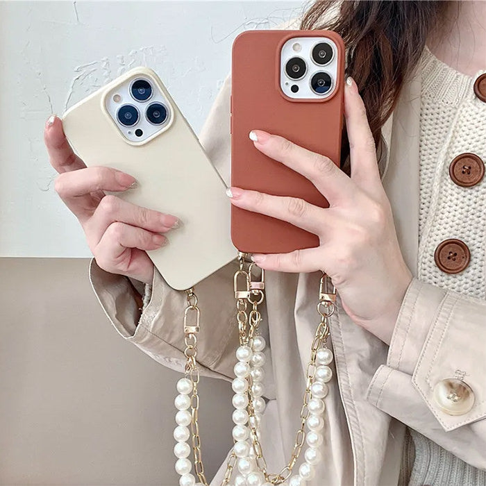 BURNT ORANGE PHONE CASE WITH AESTHETIC PEARL CHAIN FOR FALL AESTHETIC