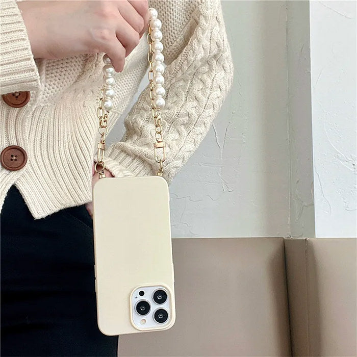 BURNT ORANGE PHONE CASE WITH AESTHETIC PEARL CHAIN FOR FALL AESTHETIC