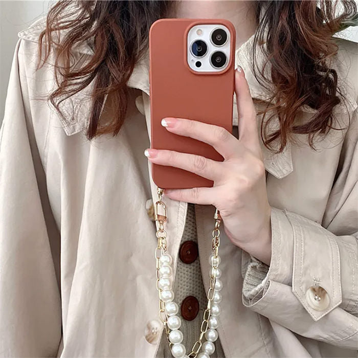 BURNT ORANGE PHONE CASE WITH AESTHETIC PEARL CHAIN FOR FALL AESTHETIC