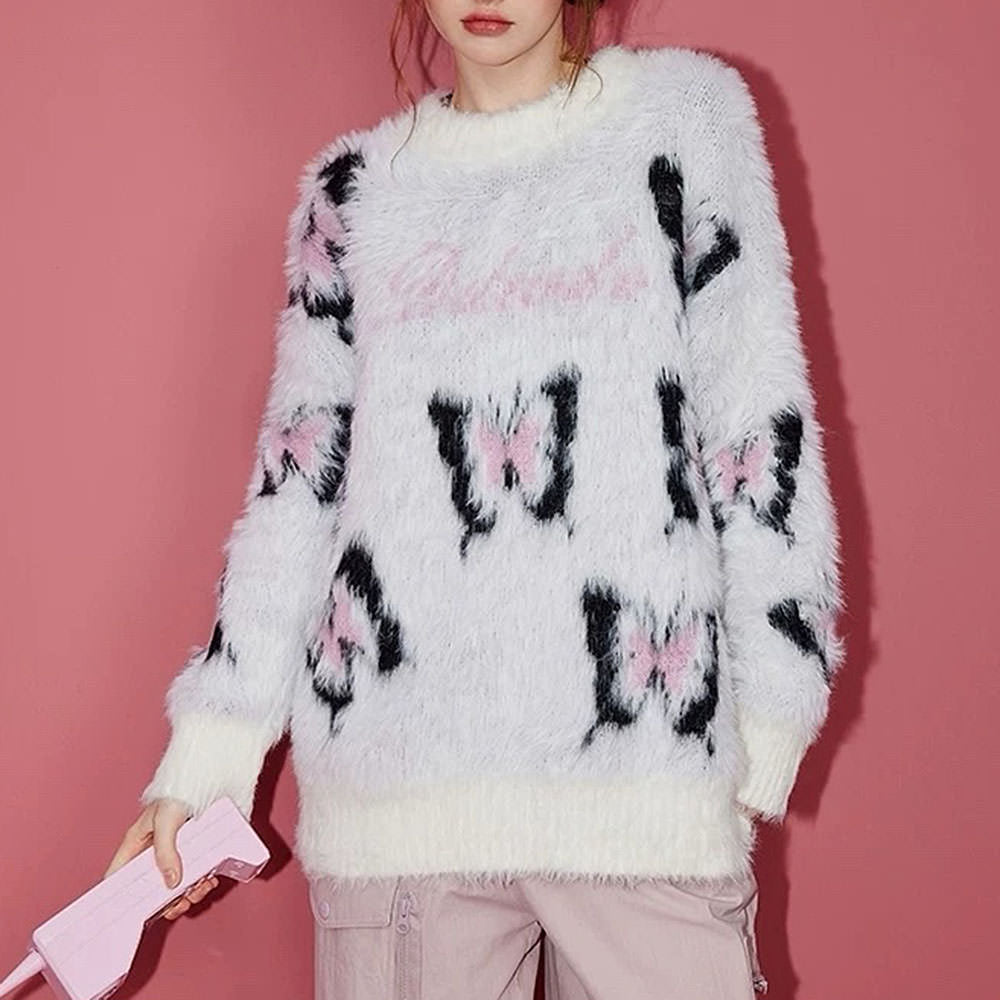BUTTERFLY PATTERNS SWEATER: FUZZY ELEGANCE OVERSIZED FIT