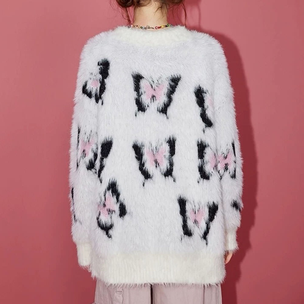 BUTTERFLY PATTERNS SWEATER: FUZZY ELEGANCE OVERSIZED FIT