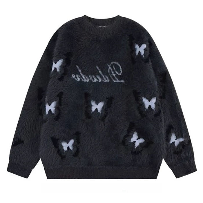 BUTTERFLY PATTERNS SWEATER: FUZZY ELEGANCE OVERSIZED FIT