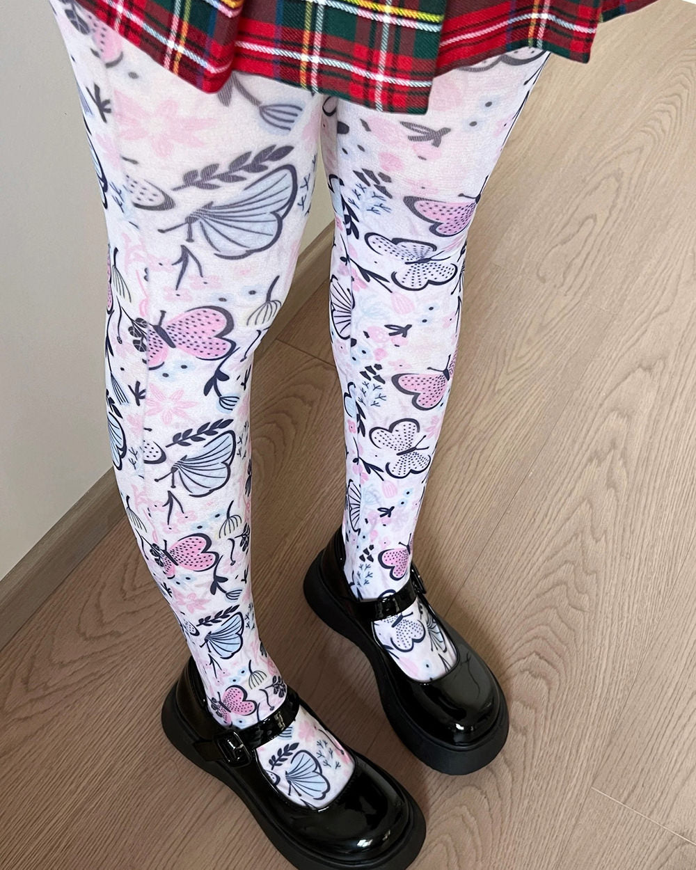 BUTTERFLY PRINT TIGHTS FLORAL DESIGN
