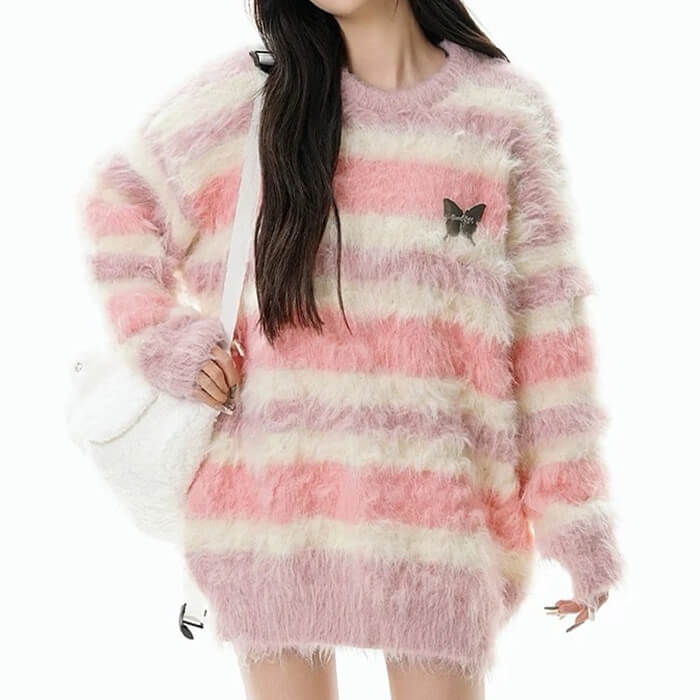 BUTTERFLY STRIPED OVERSIZED FUZZY SWEATER