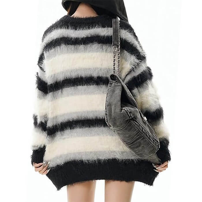 BUTTERFLY STRIPED OVERSIZED FUZZY SWEATER