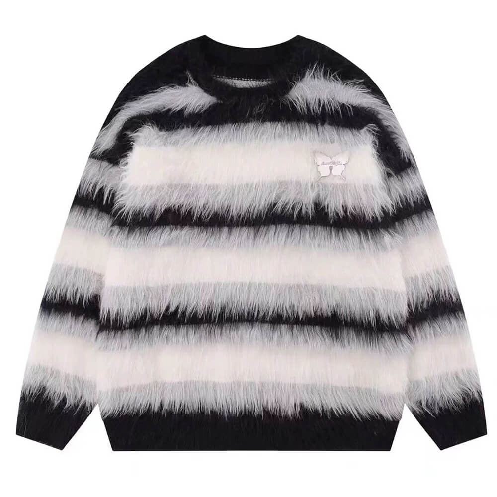 BUTTERFLY STRIPED OVERSIZED FUZZY SWEATER