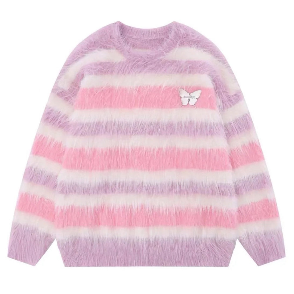 BUTTERFLY STRIPED OVERSIZED FUZZY SWEATER