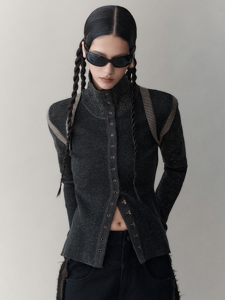 BUTTON-UP JACKET WITH DARK TEXTURE AND HIGH NECK SLIM DESIGN