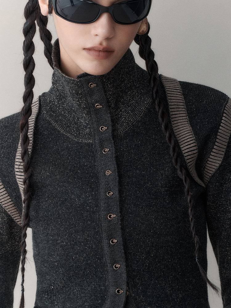 BUTTON-UP JACKET WITH DARK TEXTURE AND HIGH NECK SLIM DESIGN