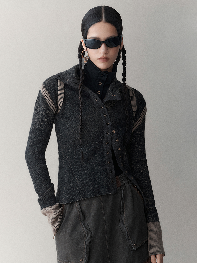 BUTTON-UP JACKET WITH DARK TEXTURE AND HIGH NECK SLIM DESIGN