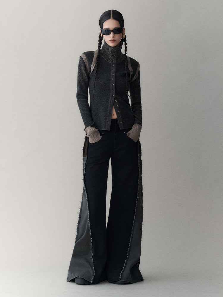 BUTTON-UP JACKET WITH DARK TEXTURE AND HIGH NECK SLIM DESIGN