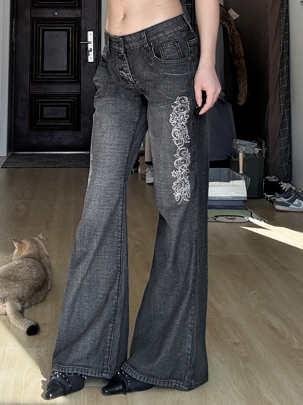 Printed Washed Distressed Flared Jeans