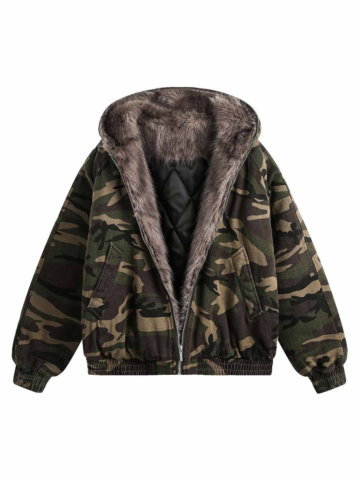 CAMO HOODED JACKET WITH FAUX FUR LINING LONG SLEEVE COTTON