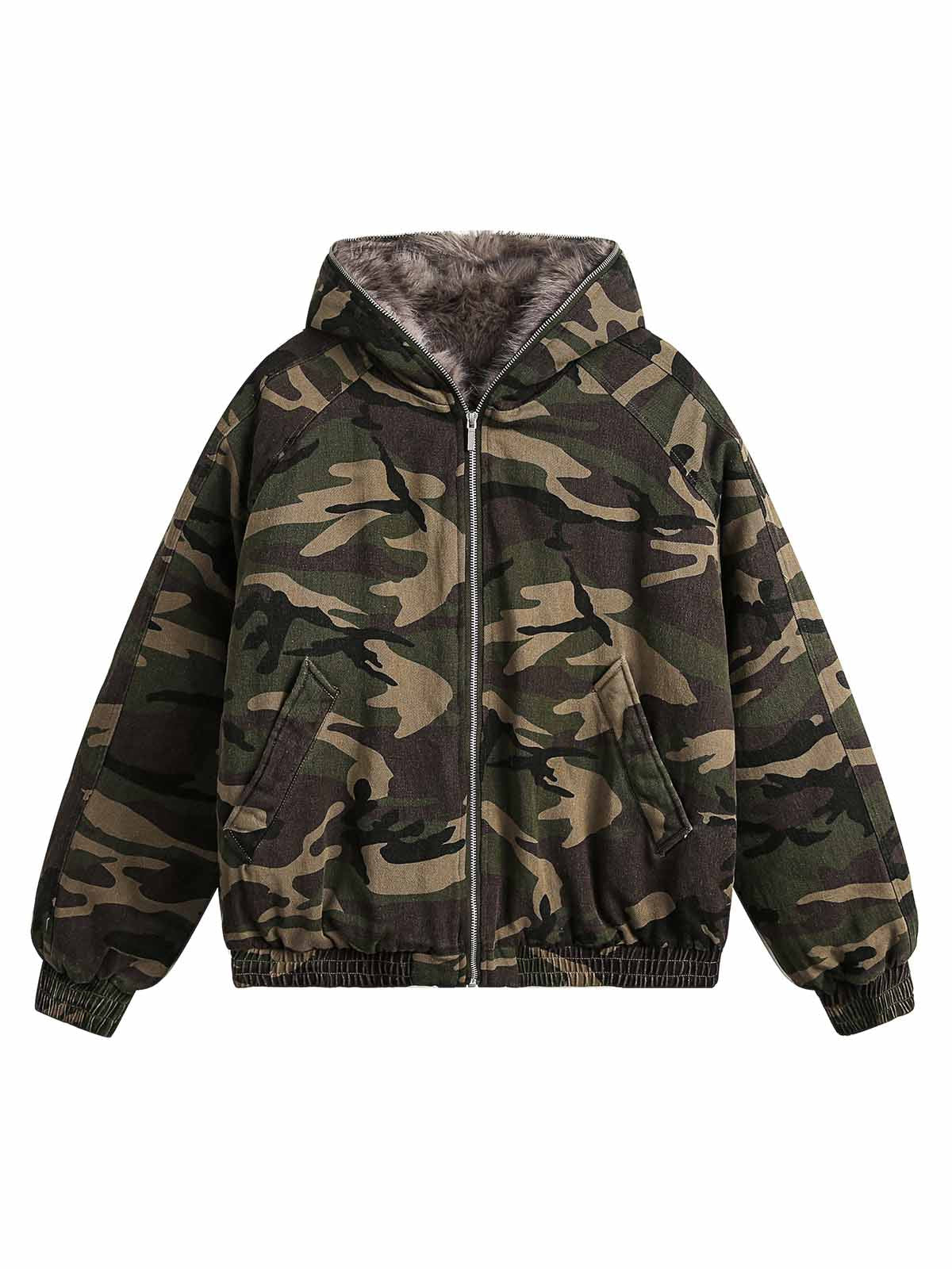 CAMO HOODED JACKET WITH FAUX FUR LINING LONG SLEEVE COTTON
