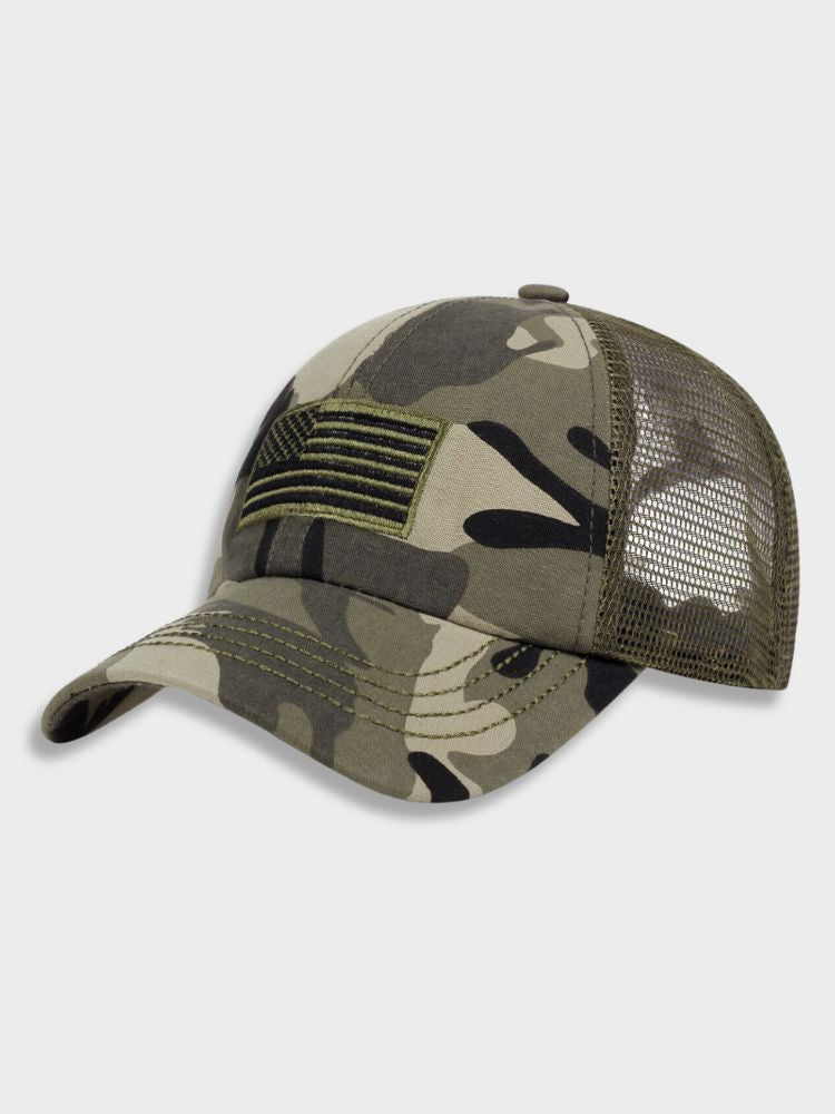 CAMOUFLAGE BASEBALL CAP WITH AMERICAN FLAG PATCH USA TRUCKER CAP