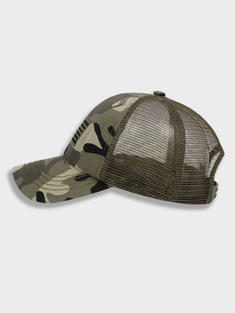 CAMOUFLAGE BASEBALL CAP WITH AMERICAN FLAG PATCH USA TRUCKER CAP
