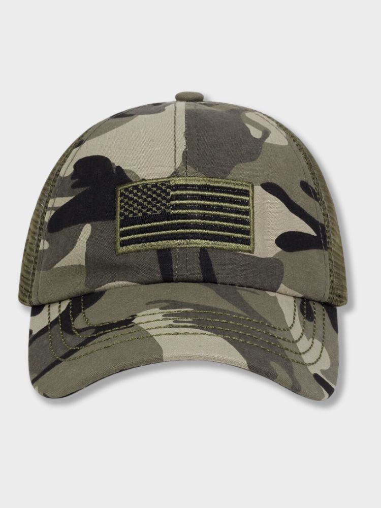 CAMOUFLAGE BASEBALL CAP WITH AMERICAN FLAG PATCH USA TRUCKER CAP