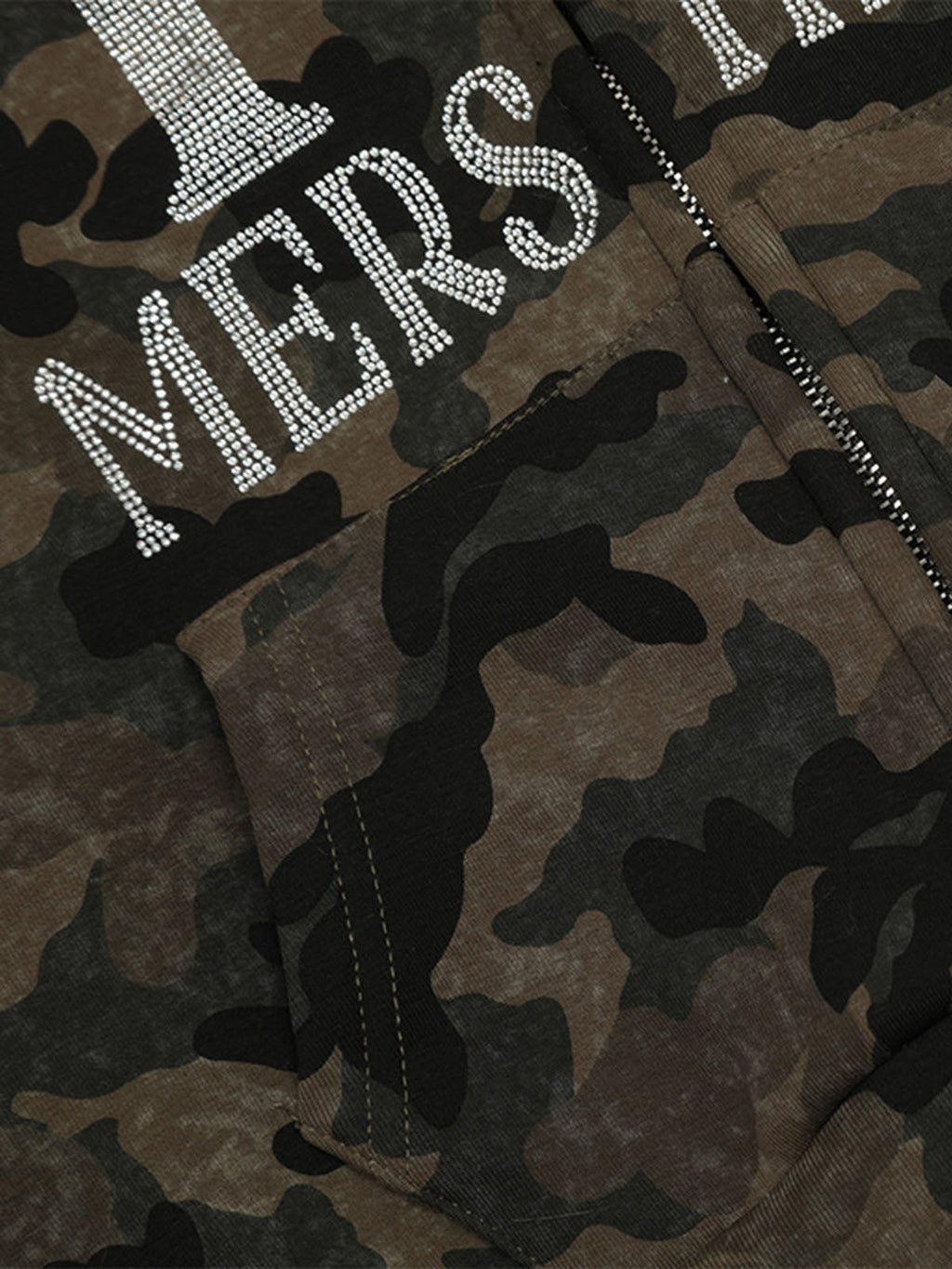 CAMOUFLAGE FUR HOODED JACKET WITH RHINESTONE DETAILS