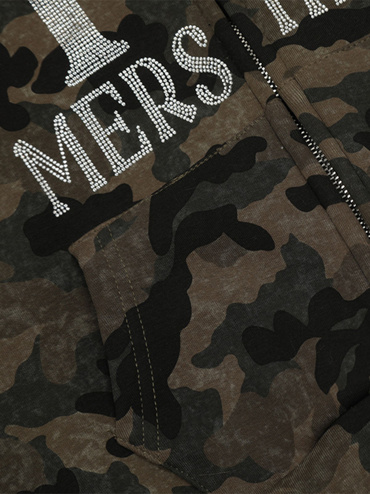 CAMOUFLAGE FUR HOODED JACKET WITH RHINESTONE DETAILS