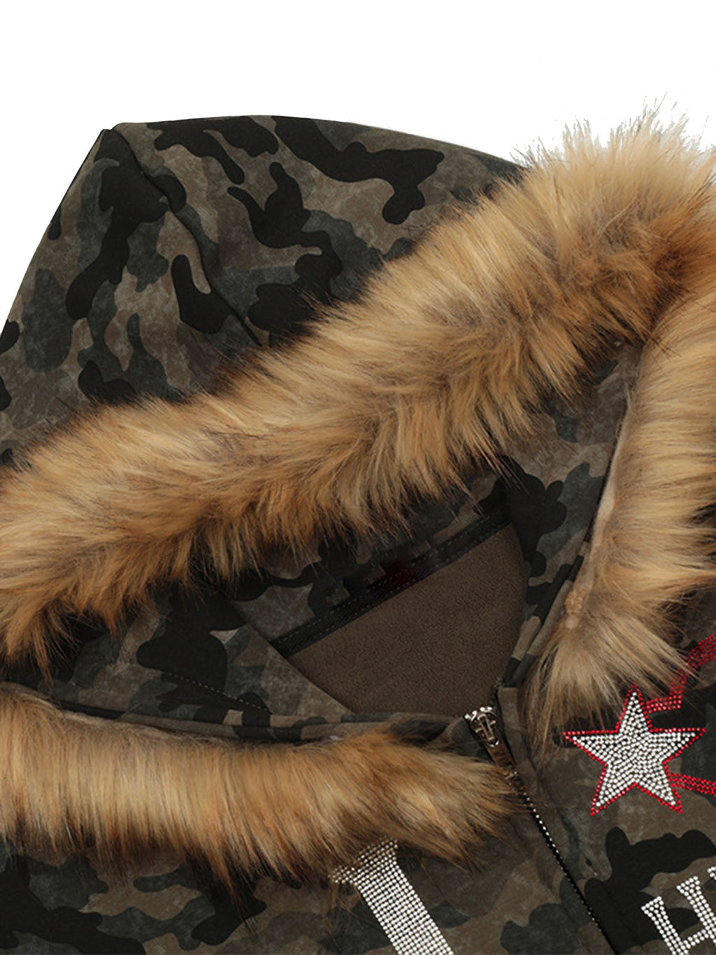 CAMOUFLAGE FUR HOODED JACKET WITH RHINESTONE DETAILS