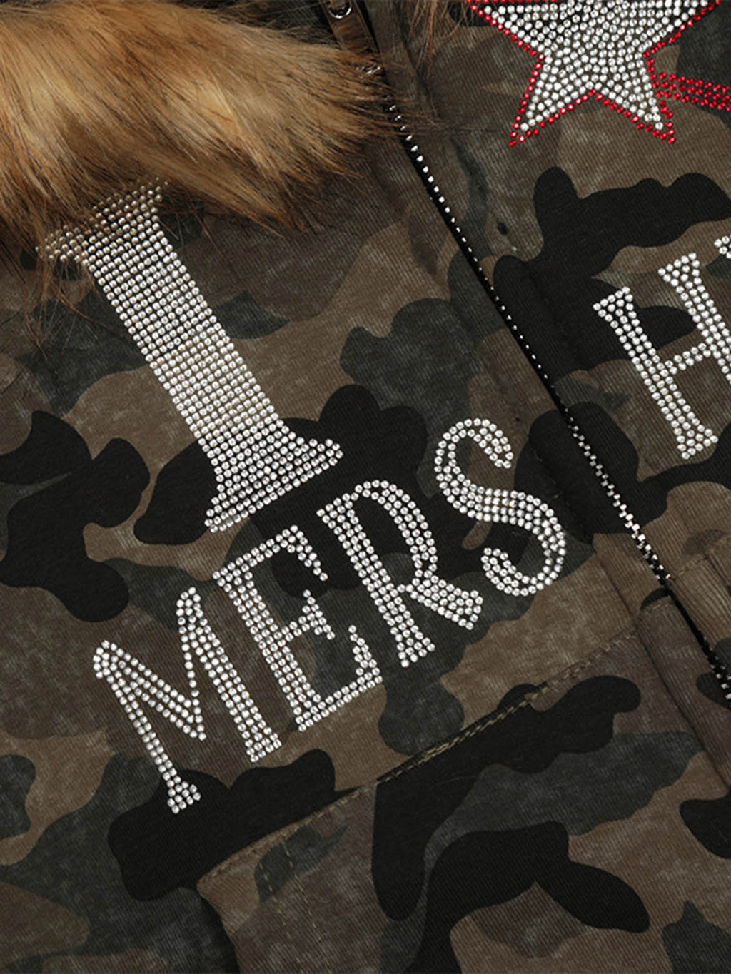 CAMOUFLAGE FUR HOODED JACKET WITH RHINESTONE DETAILS