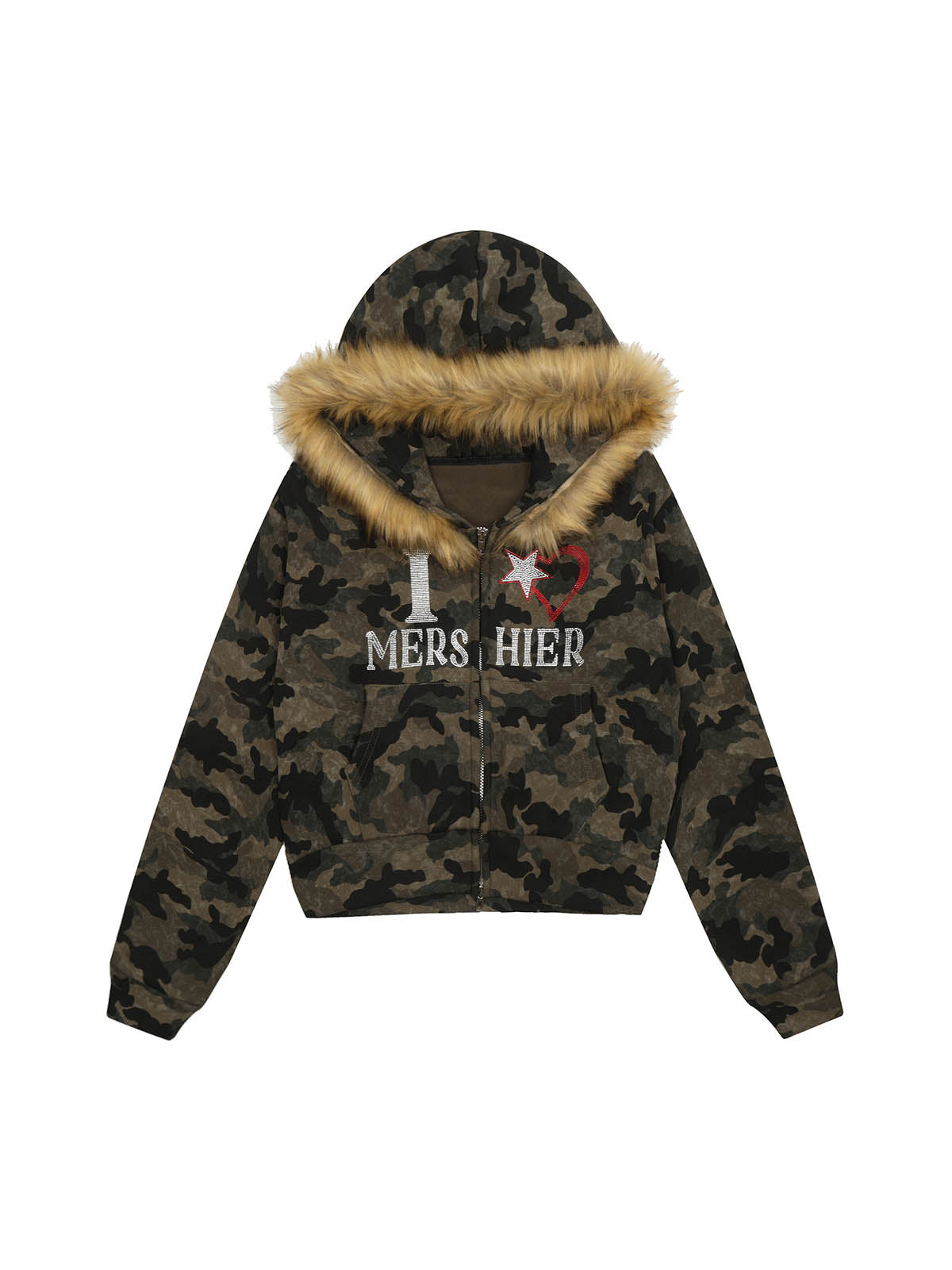 CAMOUFLAGE FUR HOODED JACKET WITH RHINESTONE DETAILS