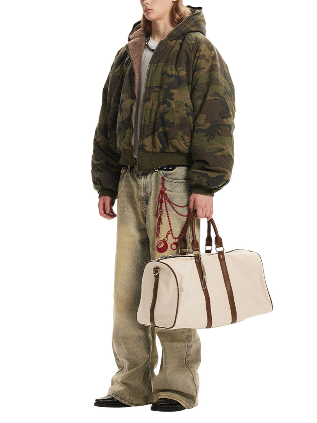 CAMOUFLAGE HOODED BOMBER JACKET WITH LONG SLEEVE DESIGN