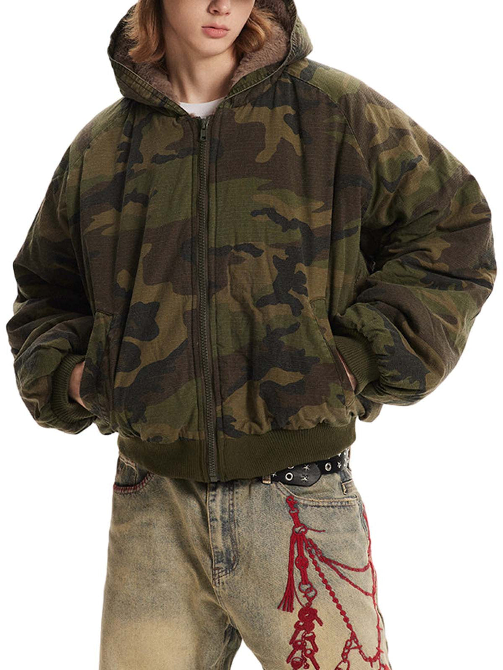 CAMOUFLAGE HOODED BOMBER JACKET WITH LONG SLEEVE DESIGN