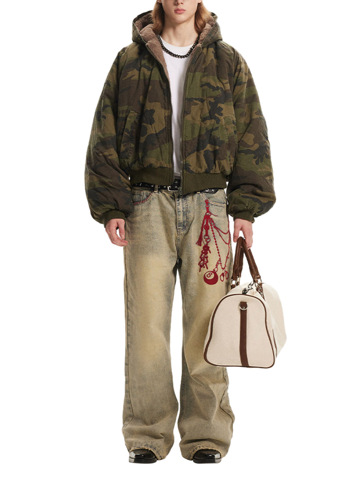 CAMOUFLAGE HOODED BOMBER JACKET WITH LONG SLEEVE DESIGN