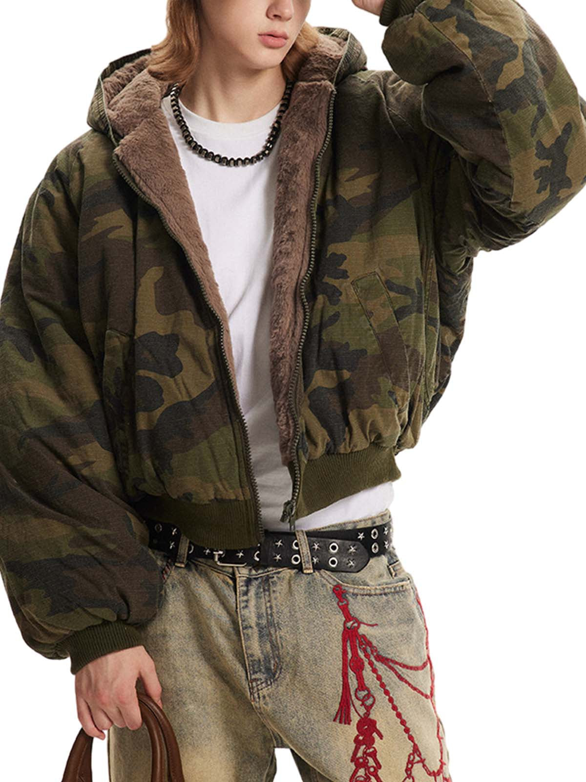 CAMOUFLAGE HOODED BOMBER JACKET WITH LONG SLEEVE DESIGN