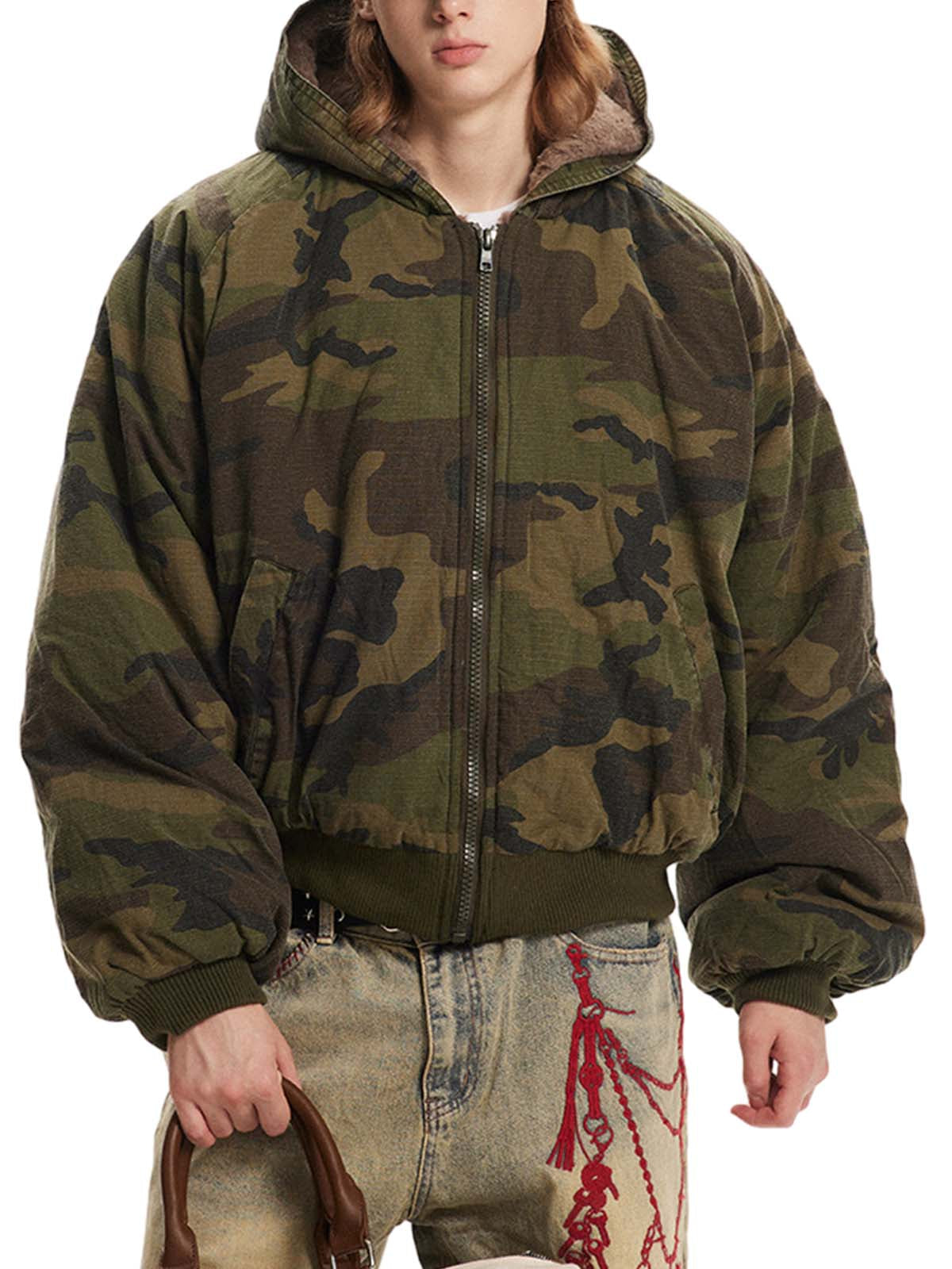 CAMOUFLAGE HOODED BOMBER JACKET WITH LONG SLEEVE DESIGN