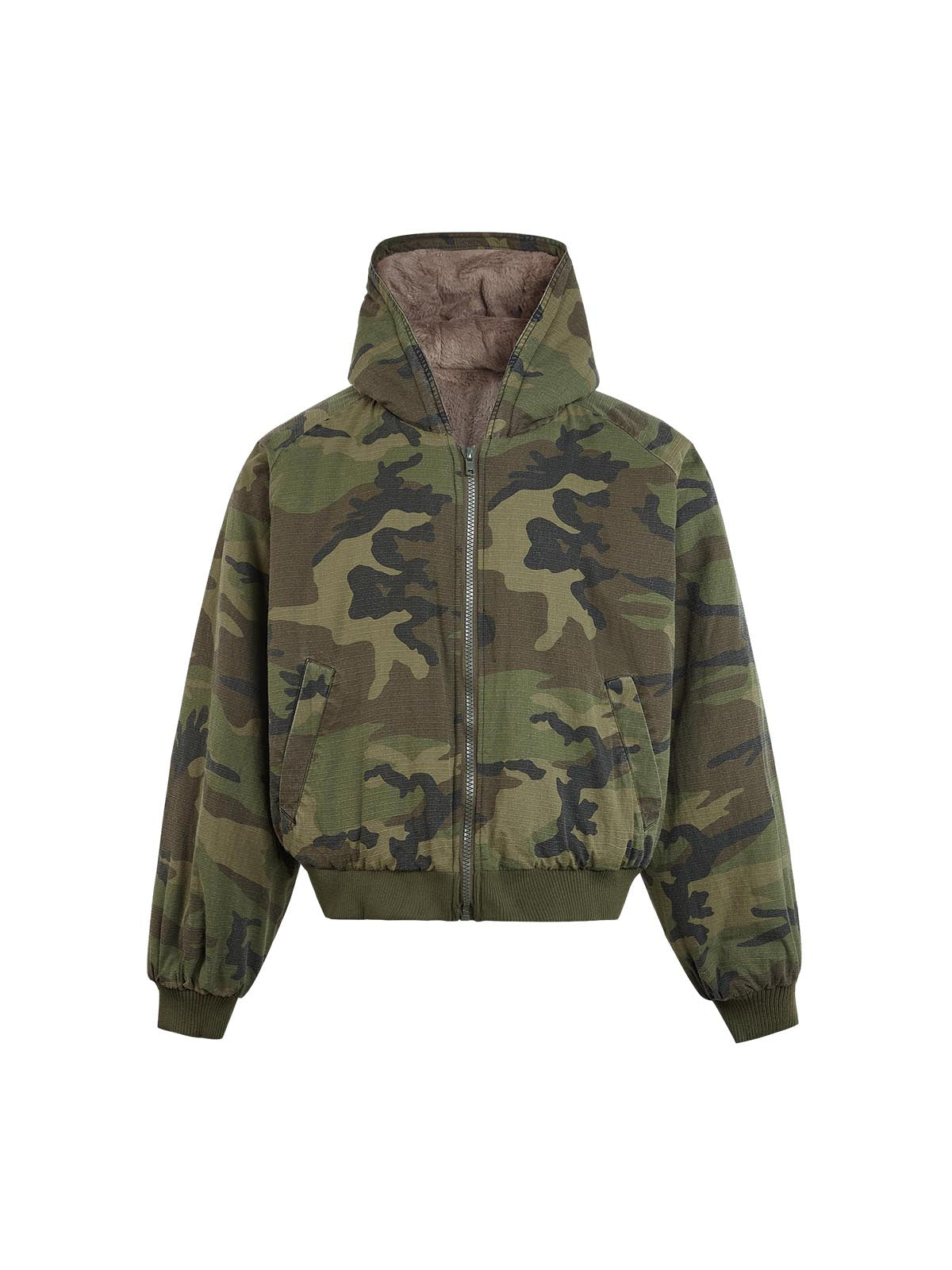 CAMOUFLAGE HOODED BOMBER JACKET WITH LONG SLEEVE DESIGN