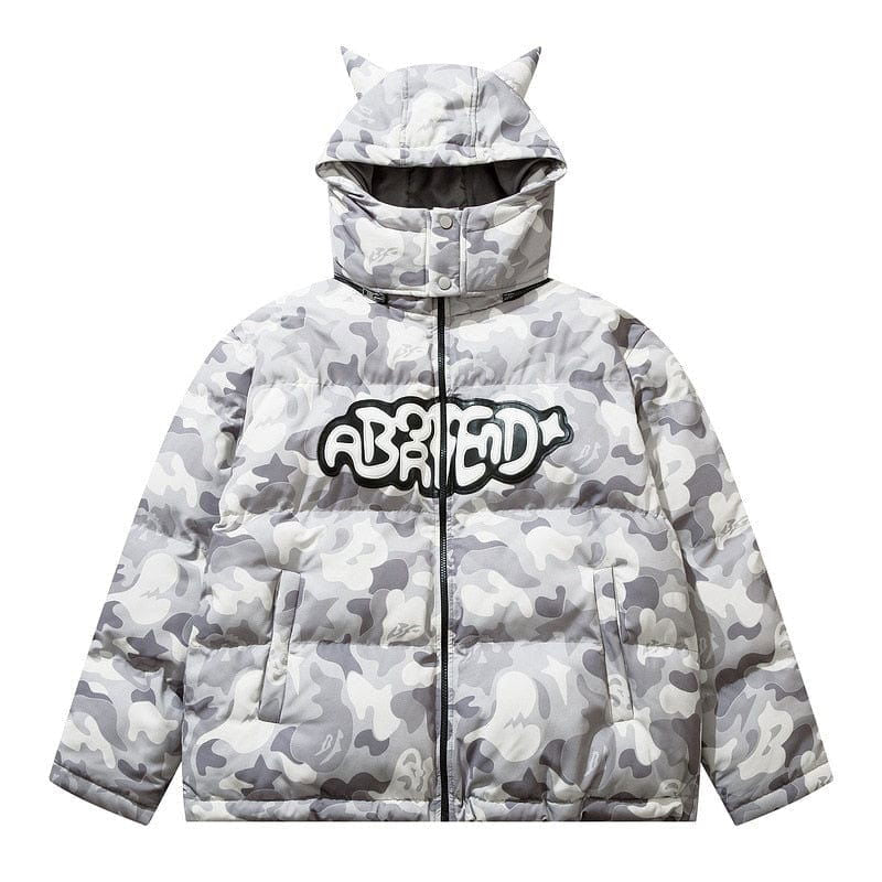 CAMOUFLAGE PUFFER JACKET WITH CAT-EAR HOOD - PUFFY JACKET ABORTED