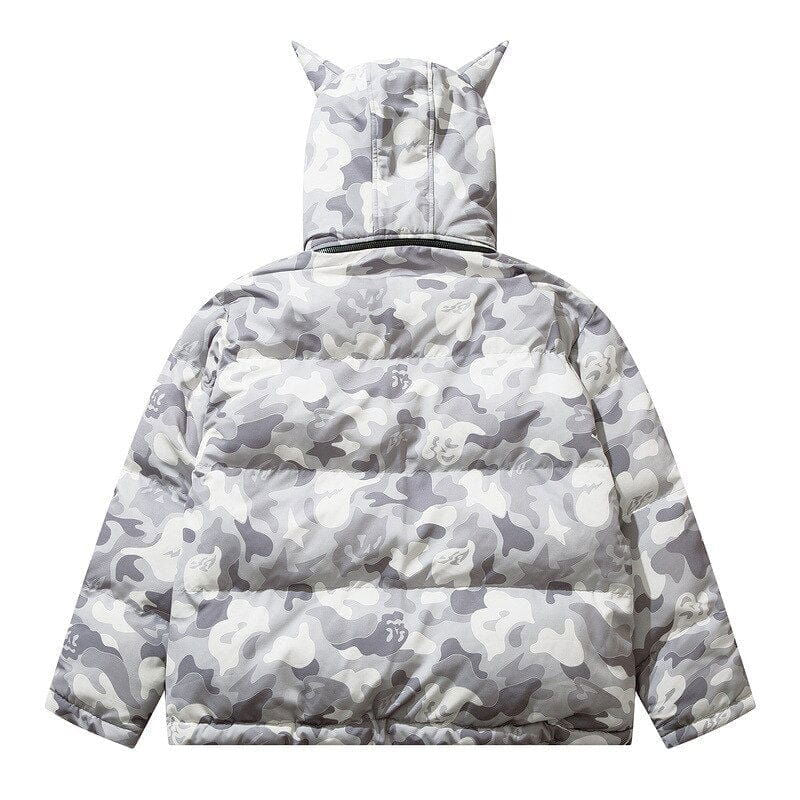 CAMOUFLAGE PUFFER JACKET WITH CAT-EAR HOOD - PUFFY JACKET ABORTED
