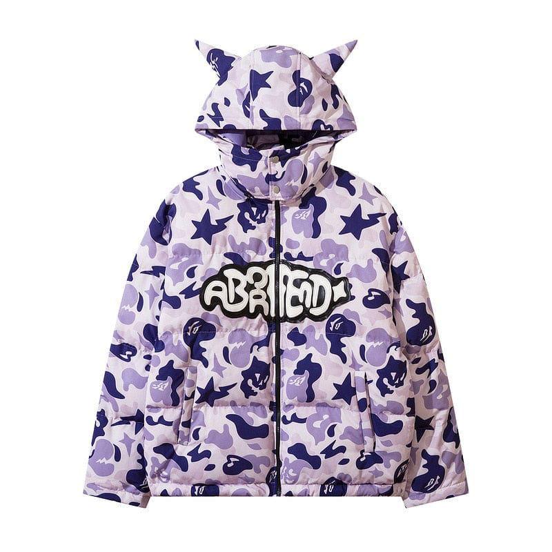 CAMOUFLAGE PUFFER JACKET WITH CAT-EAR HOOD - PUFFY JACKET ABORTED